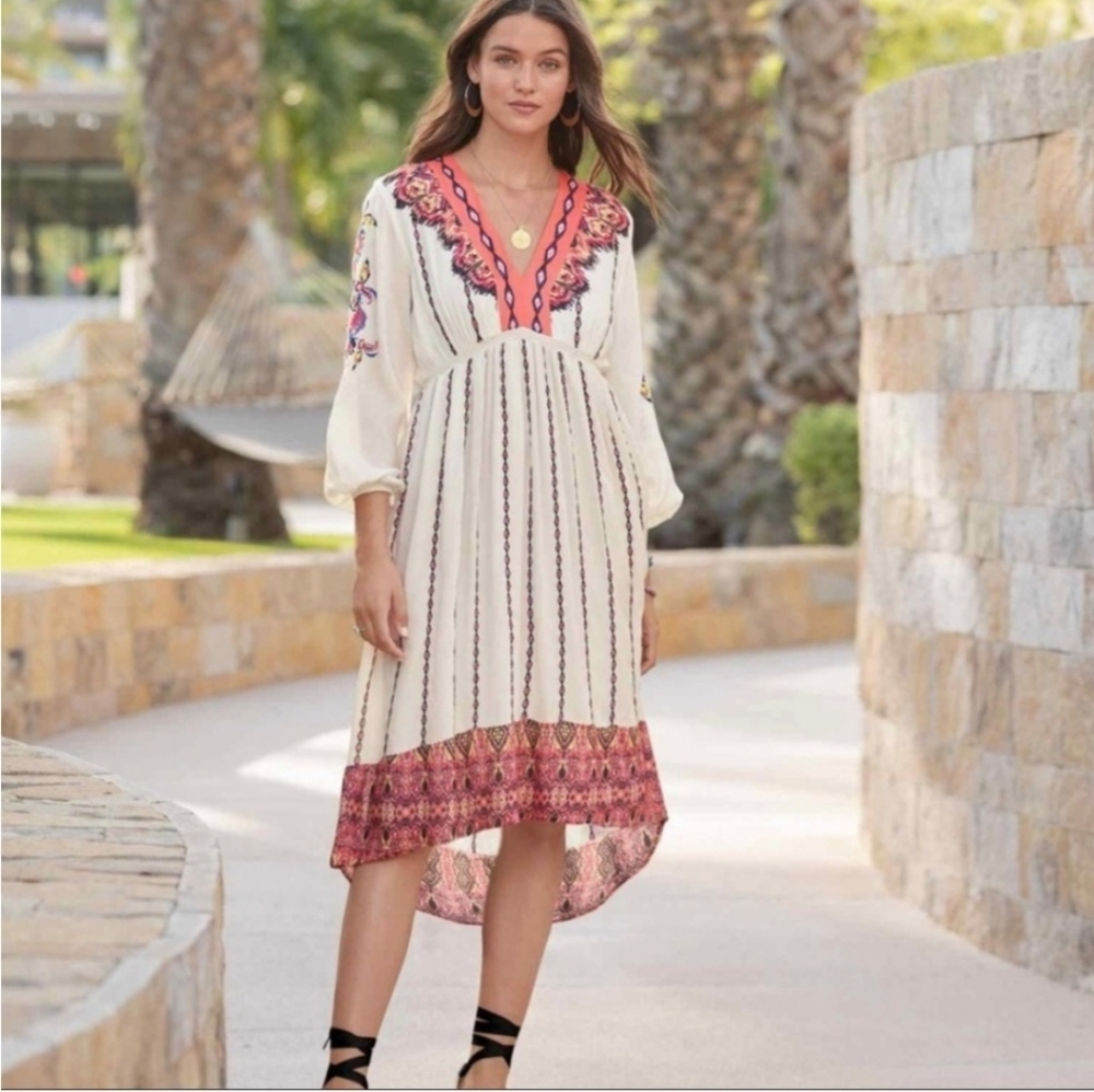 Sundance Cream Midi Dress with Pink and Coral Accents